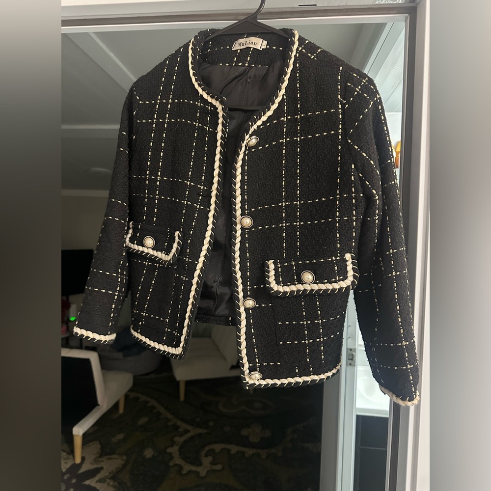 Black and Cream Plaid Jacket with Pearl Buttons
